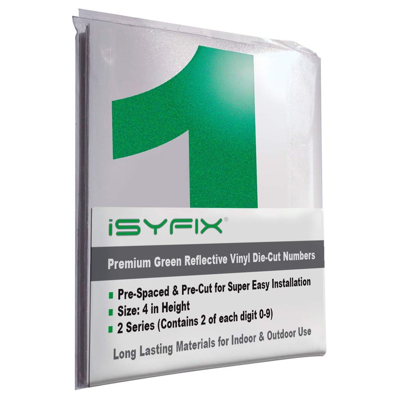iSYFIX Reflective Green Vinyl Numbers Stickers â€“ 4 Inch Self Adhesive (2 Sets)- Premium Decal Die Cut and Pre-Spaced for Mailbox, Signs, Window, Door, Cars, Trucks, Homes, Businesses, Outdoor - Image 1