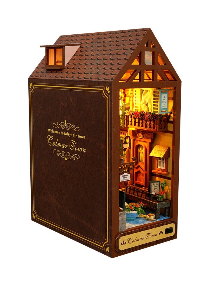 general DIY Book Corner Kit, 3D Wooden Puzzle Decoration Book Stand Decoration with Furniture and LED Lights for Birthday Home Desk Decor (Pink Brown) - Image 1