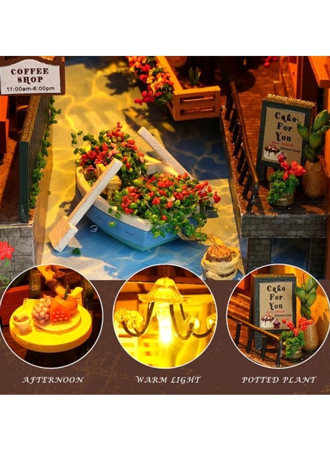 general DIY Book Corner Kit, 3D Wooden Puzzle Decoration Book Stand Decoration with Furniture and LED Lights for Birthday Home Desk Decor (Pink Brown) - Image 4