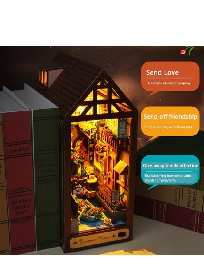 general DIY Book Corner Kit, 3D Wooden Puzzle Decoration Book Stand Decoration with Furniture and LED Lights for Birthday Home Desk Decor (Pink Brown) - Image 2