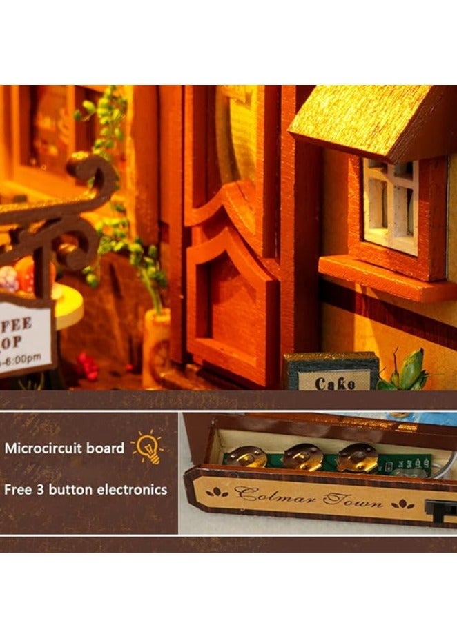 general DIY Book Corner Kit, 3D Wooden Puzzle Decoration Book Stand Decoration with Furniture and LED Lights for Birthday Home Desk Decor (Pink Brown) - Image 5