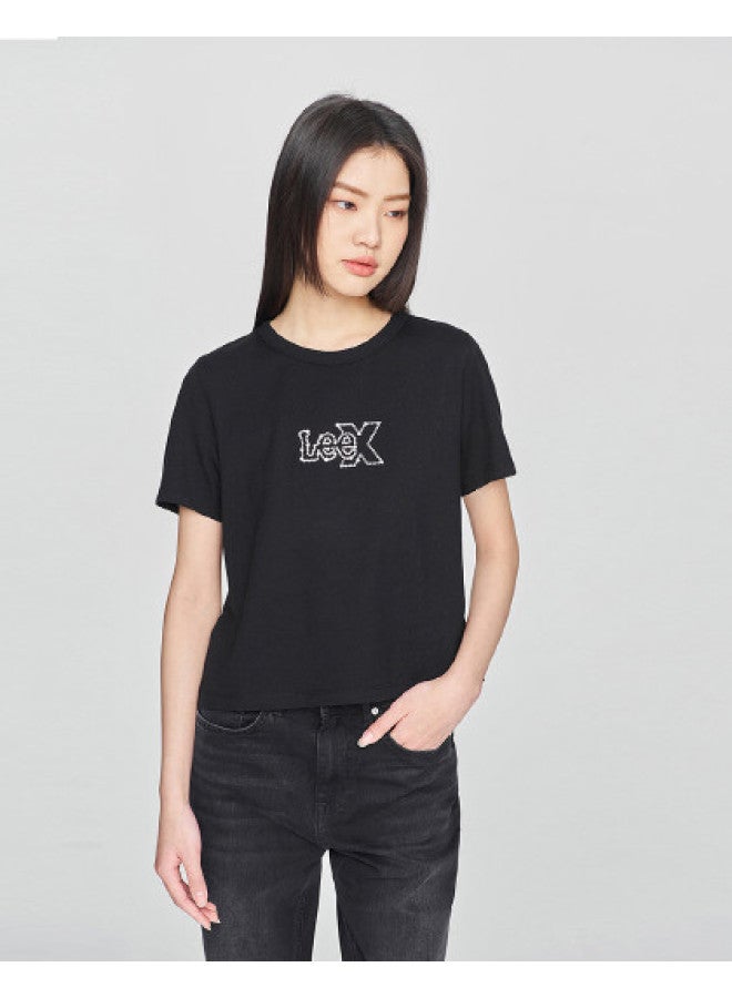 LEE 25 Early Spring Comfortable Round Neck Pearl Logo Print Black Cropped Women'S Short Sleeve T-Shirt Casual - Image 1