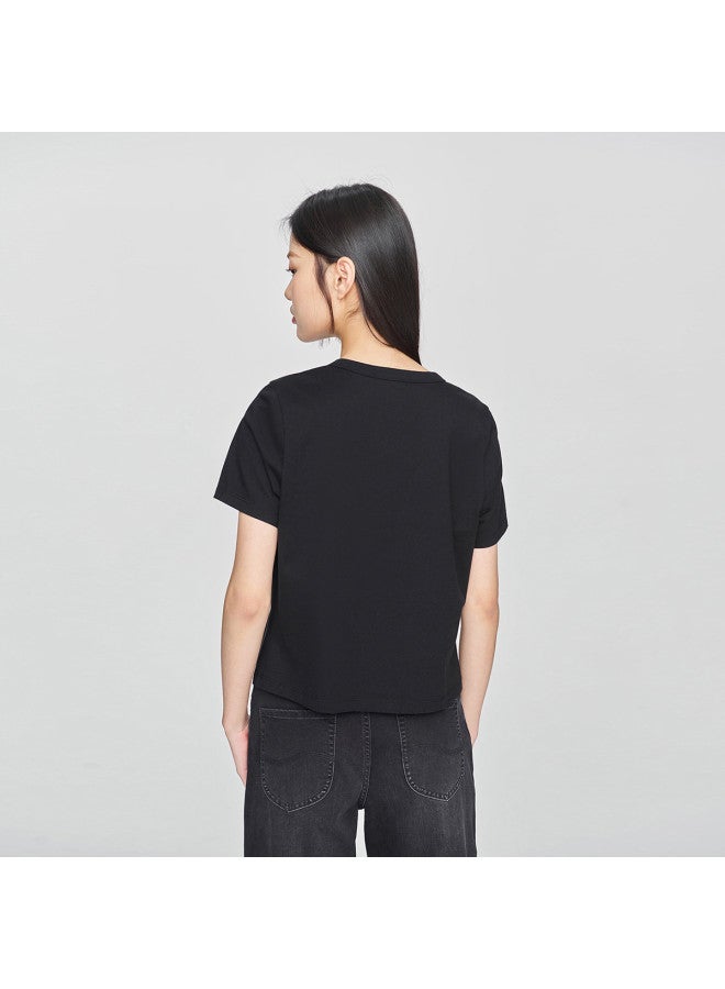 LEE 25 Early Spring Comfortable Round Neck Pearl Logo Print Black Cropped Women'S Short Sleeve T-Shirt Casual - Image 3