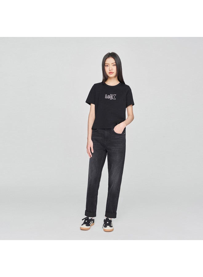 LEE 25 Early Spring Comfortable Round Neck Pearl Logo Print Black Cropped Women'S Short Sleeve T-Shirt Casual - Image 4