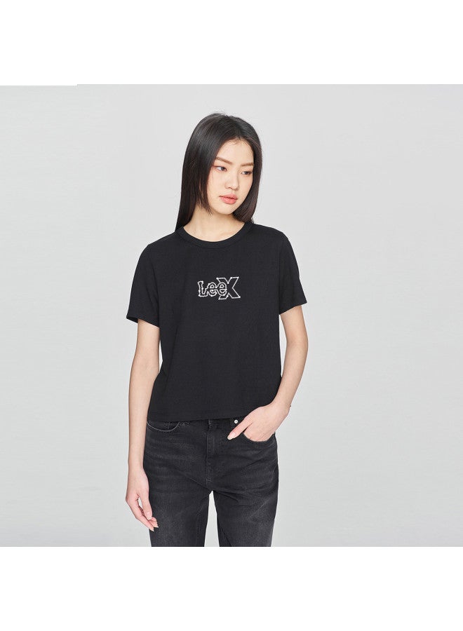 LEE 25 Early Spring Comfortable Round Neck Pearl Logo Print Black Cropped Women'S Short Sleeve T-Shirt Casual - Image 2