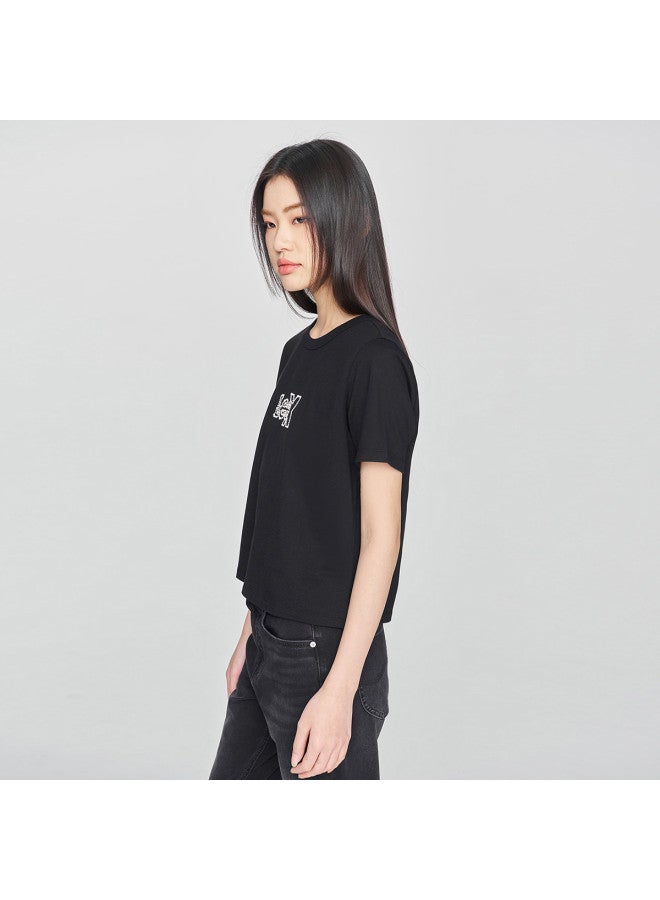 LEE 25 Early Spring Comfortable Round Neck Pearl Logo Print Black Cropped Women'S Short Sleeve T-Shirt Casual - Image 5