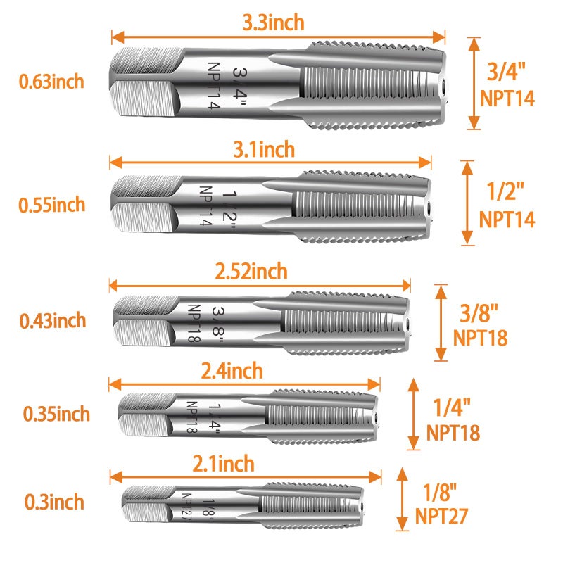 DECKRKAT 5-Piece NPT Pipe Tap Set, Precision Carbon Steel NPT Tap Set for Clean Accurate Threads, 3/4", 1/2", 3/8", 1/4", 1/8" NPT Tap, Perfect for Plumbers Mechanics DIYers, with Durable Plastic Case - Image 2