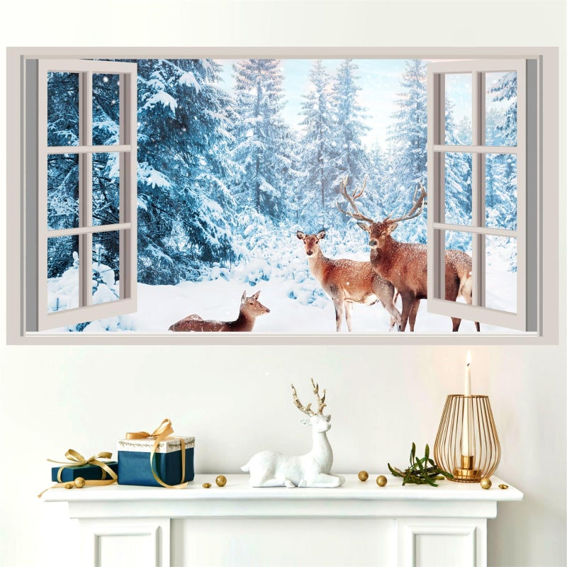 kokolap Winter Wall Stickers 3D Fake Windows Wall Stickers Forest Wall Decals Wall Decals Peel and Stick Snow Landscape Deer Stickers Pine Tree Wall Art Mural Decals Living Room Kitchen Decor