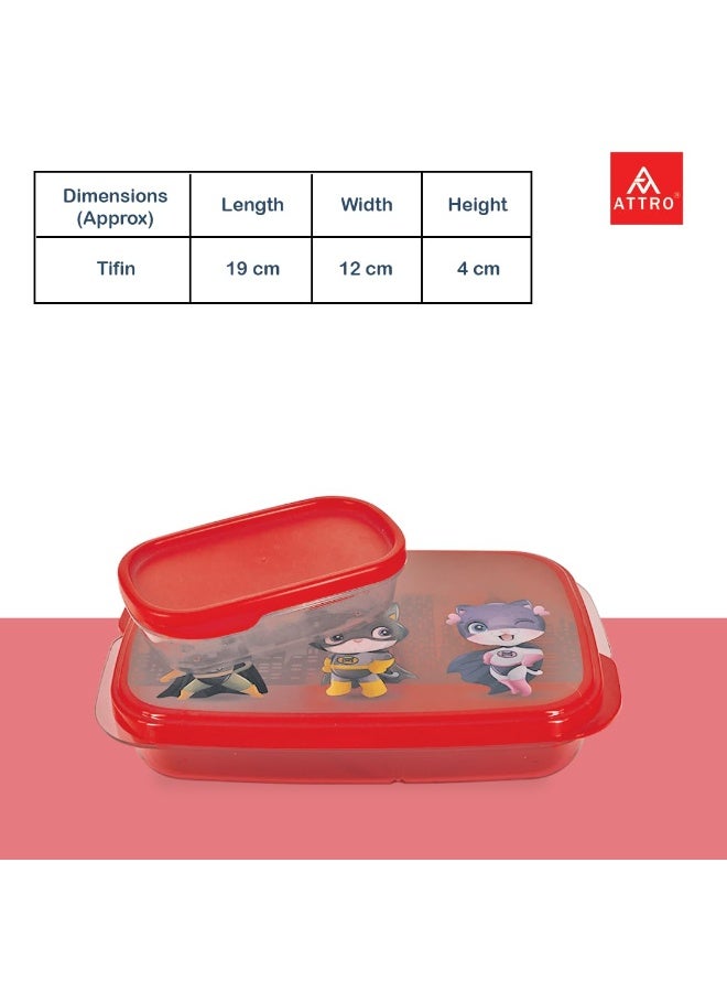 ATTRO Lunch Box Comes with 1 Small Box and 2 Spoons Adorable Cartoon Lunch Box for Kids Food Grade and Leak Proof Compact Design Easy to fit into Any Bag School Bags 590ml Red Plastic - Image 2