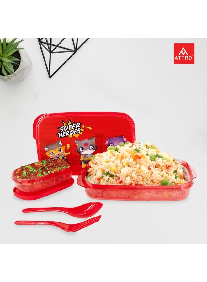 ATTRO Lunch Box Comes with 1 Small Box and 2 Spoons Adorable Cartoon Lunch Box for Kids Food Grade and Leak Proof Compact Design Easy to fit into Any Bag School Bags 590ml Red Plastic - Image 4