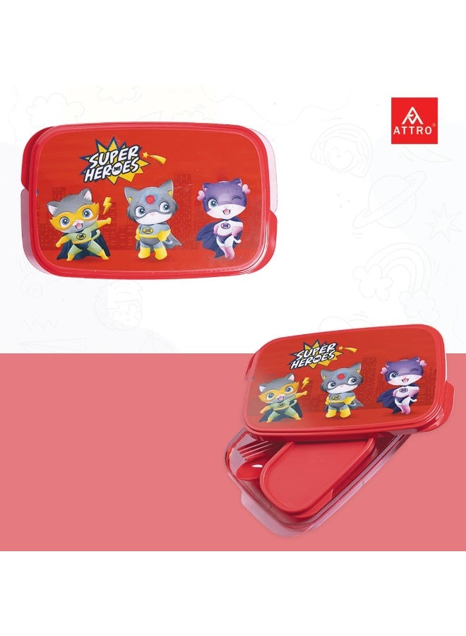 ATTRO Lunch Box Comes with 1 Small Box and 2 Spoons Adorable Cartoon Lunch Box for Kids Food Grade and Leak Proof Compact Design Easy to fit into Any Bag School Bags 590ml Red Plastic - Image 5