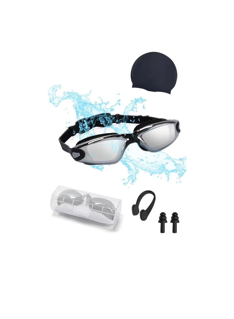Generic Professional Waterproof Swimming Goggles Mirrored Lens With ultra wide and clear view comes with plastic case Nose Clip with Earplugs and Swimming cap All in one set anti fog swimming goggles - Image 1