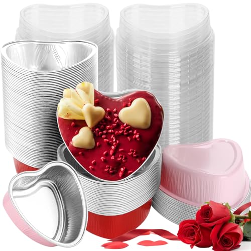 Retainbre 100 Pcs Heart Shaped Cake Pans with Lids Mini Aluminum Foil Cupcake Baking Tins 3.4 Oz Disposable Heart Shape Containers for Valentine's Day, Mother's Day, Wedding, Christmas (Red, Pink) - Image 1