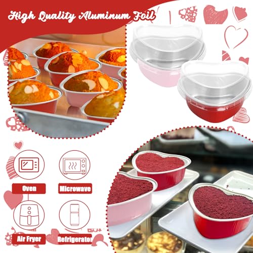 Retainbre 100 Pcs Heart Shaped Cake Pans with Lids Mini Aluminum Foil Cupcake Baking Tins 3.4 Oz Disposable Heart Shape Containers for Valentine's Day, Mother's Day, Wedding, Christmas (Red, Pink) - Image 5