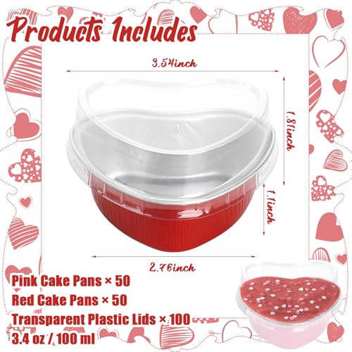 Retainbre 100 Pcs Heart Shaped Cake Pans with Lids Mini Aluminum Foil Cupcake Baking Tins 3.4 Oz Disposable Heart Shape Containers for Valentine's Day, Mother's Day, Wedding, Christmas (Red, Pink) - Image 3