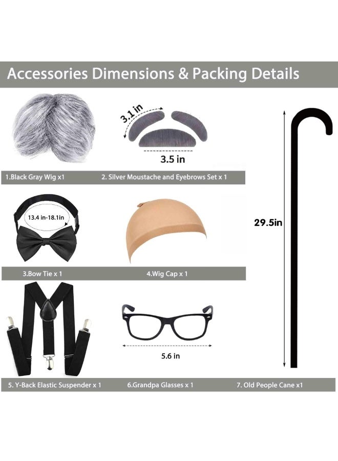 Grandpa costume for boys, including grey old man wig, wig cap, eyebrows and mustache, glasses, cane, Y-shaped elastic suspenders and bow tie (7 pieces), perfect for children to play the role of grandpa. - Image 3