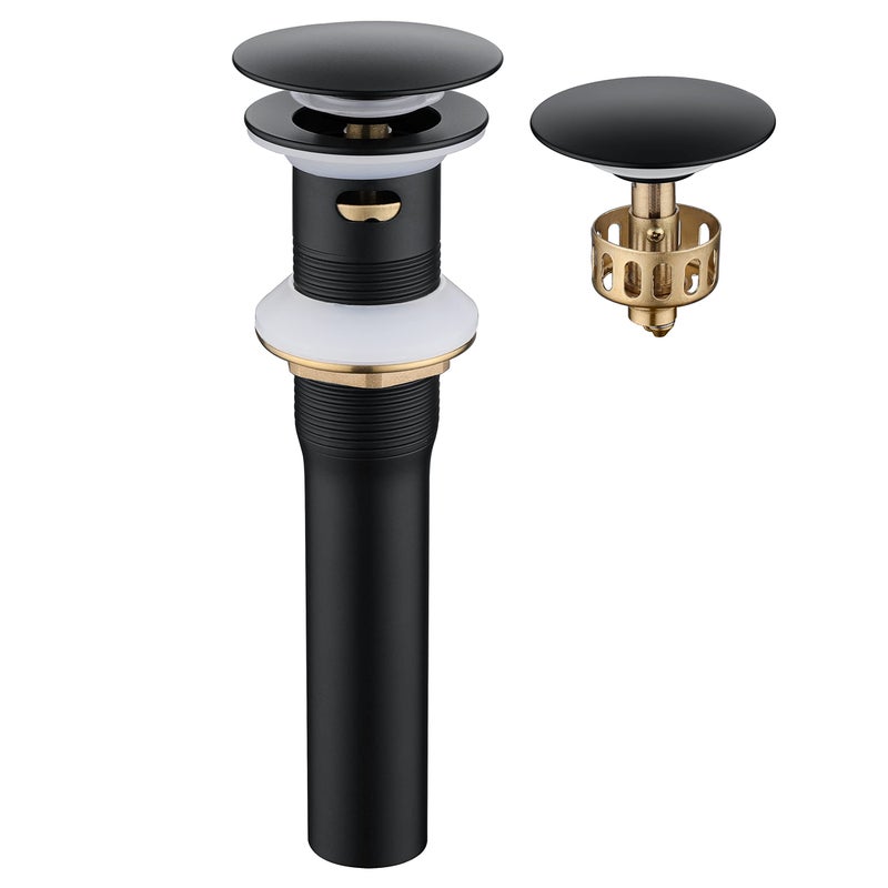 Pop up Sink Drain Stopper for Bathroom Vessel Vanity Sink Art Basin Matte Black Big Cap with Overflow Metal Popup Drain Strainer with Detachable Basket Stopper