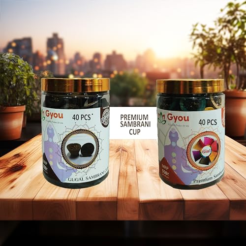 GYOU Sambrani Havan Dhoop Cup for Pooja with Gugal & 6IN1 Sambrani Havan Dhoop Cup for Pooja(40 Cups Each Jar, 2 Jar) for Home, Office, Yoga, Prayer, Festival, Meditation and Spiritual Events - Image 1