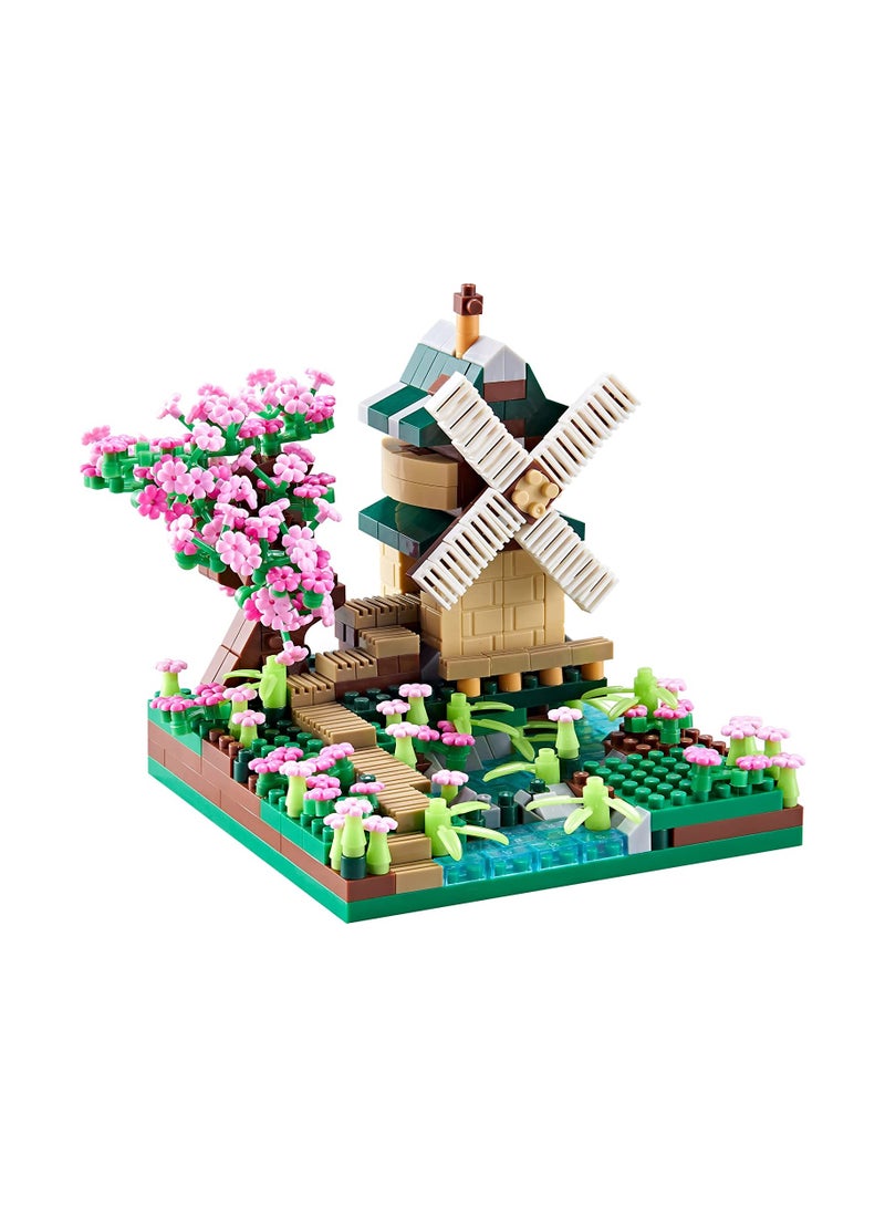 Loquat Architecture River Windmill Sakura Tree Plants Set Building Bricks Toy Trees Flowers for Girls, a Creative DIY Cherry Blossom Micro Block Model Kit Gift for Kids and Adults (600 pcs with 2 Figure) - Image 1