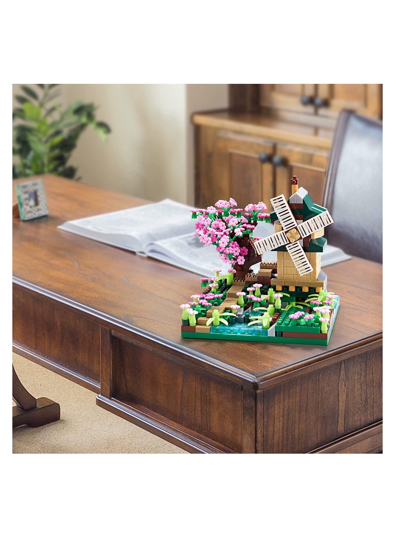 Loquat Architecture River Windmill Sakura Tree Plants Set Building Bricks Toy Trees Flowers for Girls, a Creative DIY Cherry Blossom Micro Block Model Kit Gift for Kids and Adults (600 pcs with 2 Figure) - Image 5