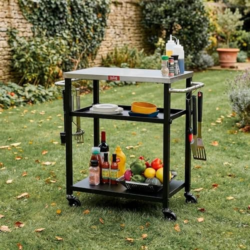 Feasto 3-Tier Outdoor Grill Cart, Rolling Pizza Oven Table with Compact 26.6" x 16.1" Stainless Top for Pizza Ovens & Griddles, Outdoor Bar Cart with S-Hooks for Patio Parties, Deck Dining & Camping - Image 2