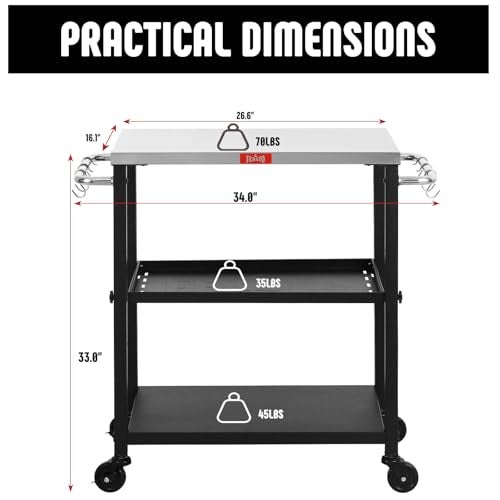 Feasto 3-Tier Outdoor Grill Cart, Rolling Pizza Oven Table with Compact 26.6" x 16.1" Stainless Top for Pizza Ovens & Griddles, Outdoor Bar Cart with S-Hooks for Patio Parties, Deck Dining & Camping - Image 3