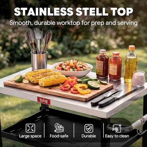 Feasto 3-Tier Outdoor Grill Cart, Rolling Pizza Oven Table with Compact 26.6" x 16.1" Stainless Top for Pizza Ovens & Griddles, Outdoor Bar Cart with S-Hooks for Patio Parties, Deck Dining & Camping - Image 4