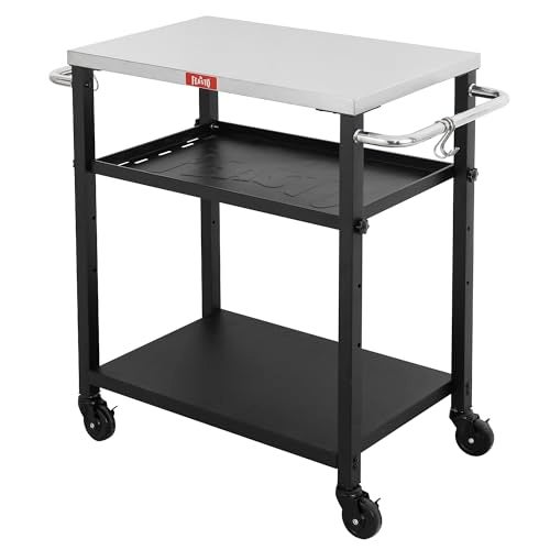 Feasto 3-Tier Outdoor Grill Cart, Rolling Pizza Oven Table with Compact 26.6" x 16.1" Stainless Top for Pizza Ovens & Griddles, Outdoor Bar Cart with S-Hooks for Patio Parties, Deck Dining & Camping - Image 1