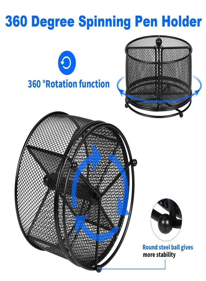 PNEUICALLY Pen Holder for Desk,360° Rotating Mesh Desk Organizer with Large Capacity 4 Compartments,Multi Functional Desk Accessories and Makeup Brush Holder for Office School Home (Black) - Image 3