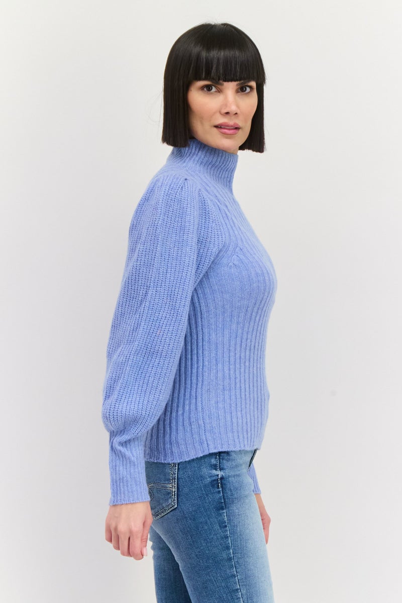 Aqua Women Mock Neck Knitted Sweater, Heather Blue - Image 2