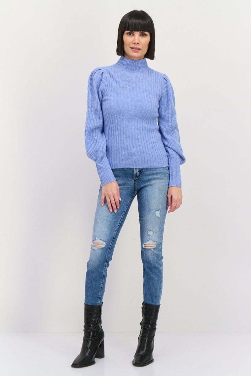 Aqua Women Mock Neck Knitted Sweater, Heather Blue - Image 4
