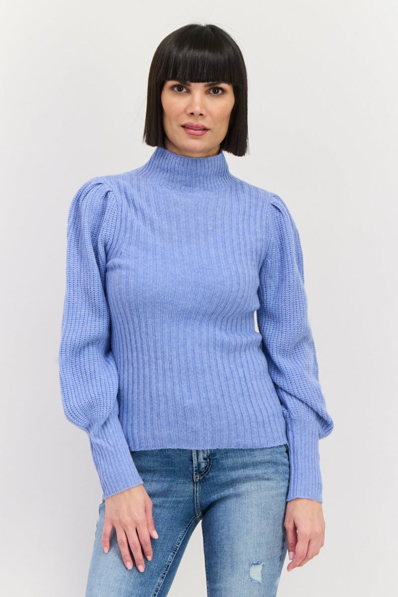 Aqua Women Mock Neck Knitted Sweater, Heather Blue - Image 1