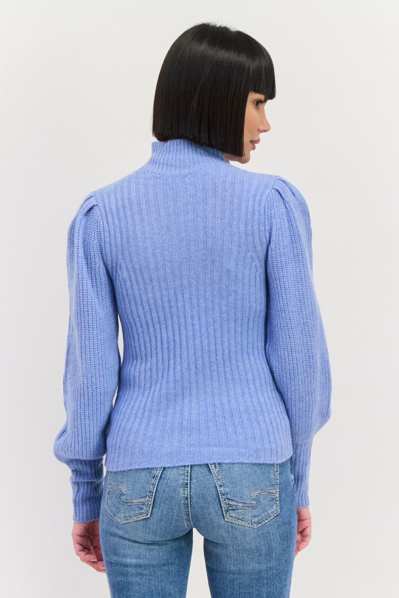Aqua Women Mock Neck Knitted Sweater, Heather Blue - Image 3