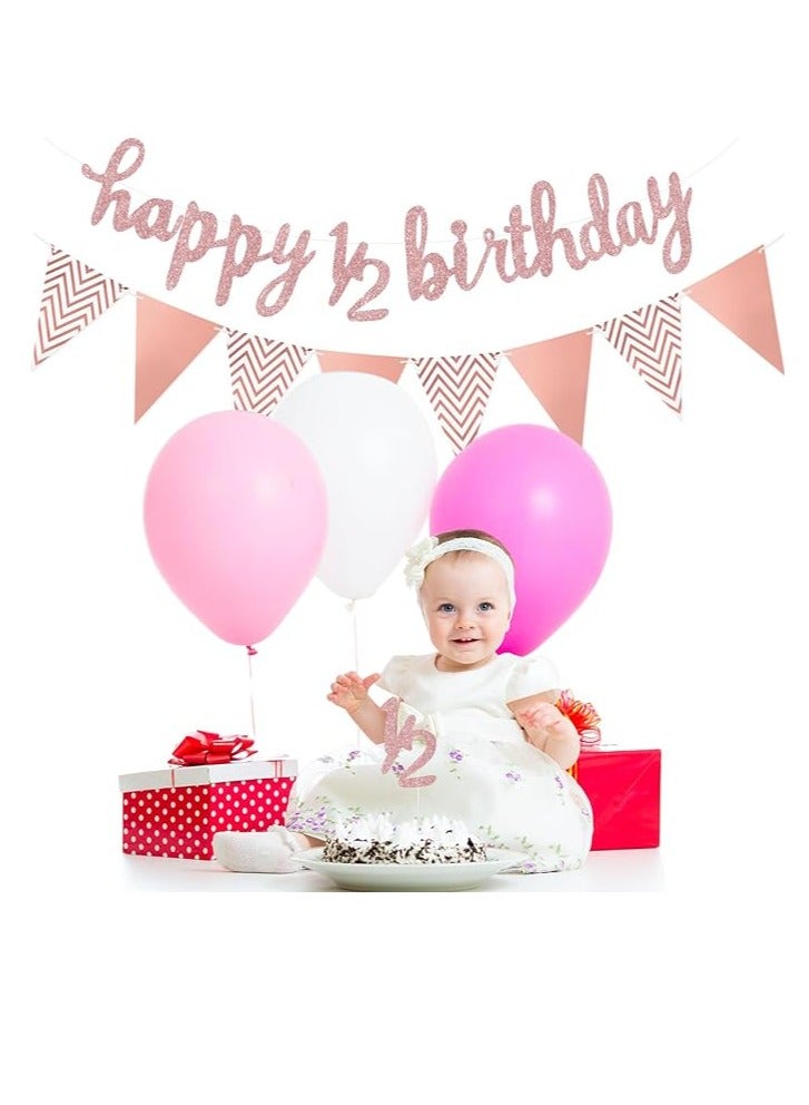 3 Pcs Half Birthday Decorations Set Include 6 Months Happy 1/2 Birthday Banner, Glitter 1/2 Half Year Cake Topper, Triangle Flag Banner for Baby Shower Party Photoshoot Props, Pre-strung(Rose Gold) - Image 2