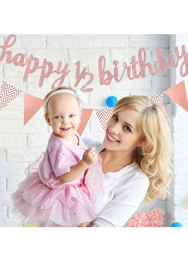 3 Pcs Half Birthday Decorations Set Include 6 Months Happy 1/2 Birthday Banner, Glitter 1/2 Half Year Cake Topper, Triangle Flag Banner for Baby Shower Party Photoshoot Props, Pre-strung(Rose Gold) - Image 3