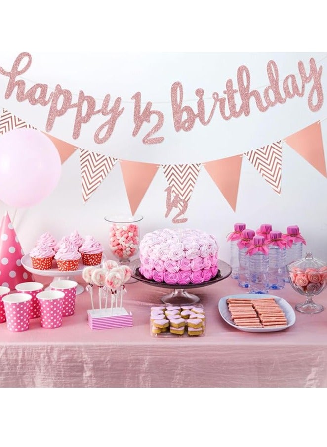 3 Pcs Half Birthday Decorations Set Include 6 Months Happy 1/2 Birthday Banner, Glitter 1/2 Half Year Cake Topper, Triangle Flag Banner for Baby Shower Party Photoshoot Props, Pre-strung(Rose Gold) - Image 4