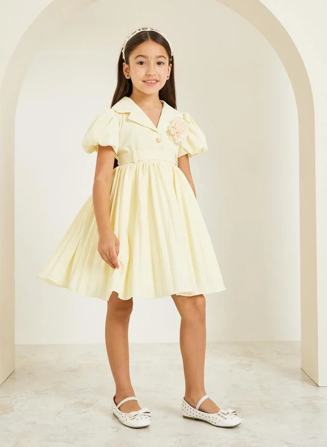 Styli Girls Yellow Pleated Collared Dress With Belt