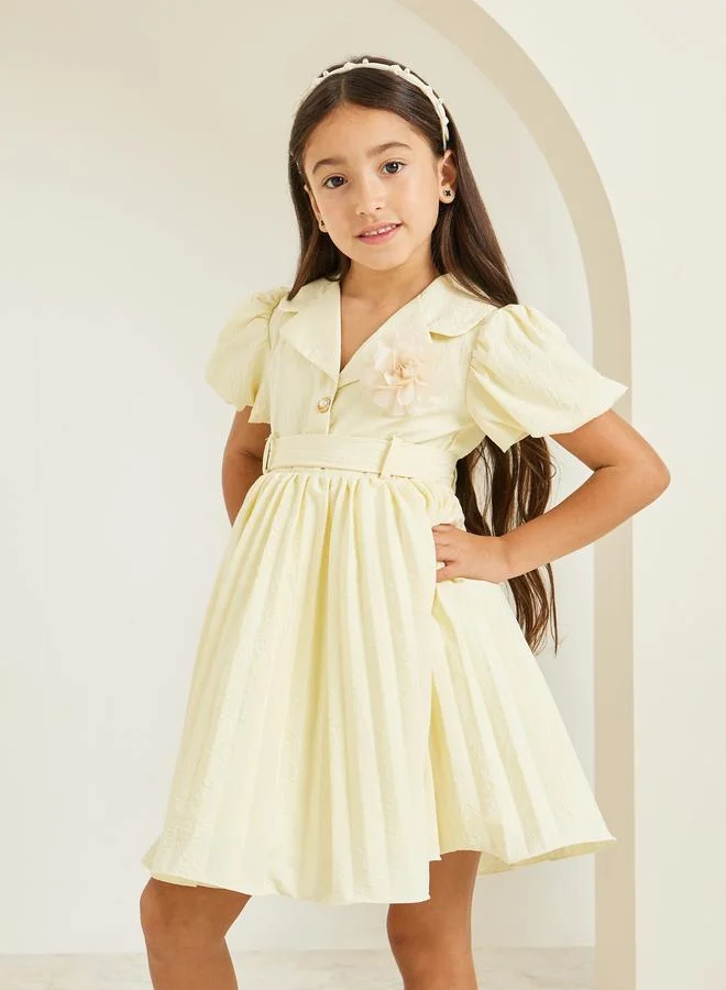 Styli Girls Yellow Pleated Collared Dress With Belt