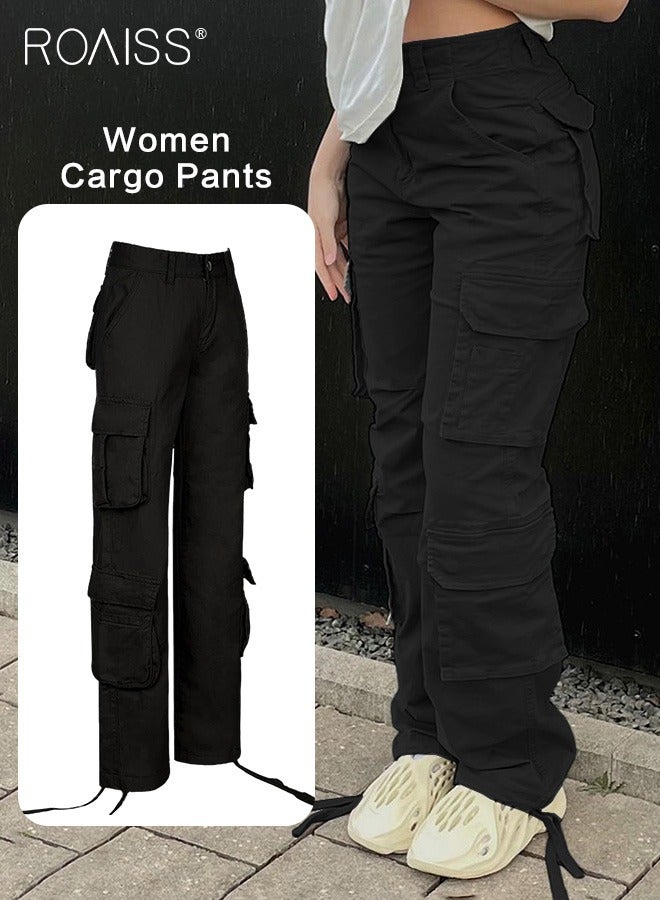 roaiss Women's Multi Pocket Work Pants Hip Hop Style Multi Pocket Low Waist Casual Pants - Image 3