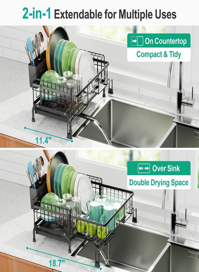 Swedecor Extendable Dish Drying Rack - Compact Dish Rack for Kitchen Counter, Over-The-Sink Dish Strainer with High Enclosed Fence, 360° Swivel Drain Spout, Rustproof, 10"-18.9" L × 15.6" W, Black - Image 3