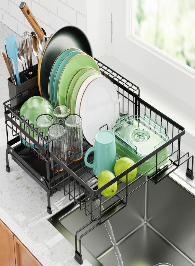Swedecor Extendable Dish Drying Rack - Compact Dish Rack for Kitchen Counter, Over-The-Sink Dish Strainer with High Enclosed Fence, 360° Swivel Drain Spout, Rustproof, 10"-18.9" L × 15.6" W, Black - Image 1