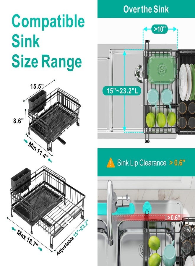 Swedecor Extendable Dish Drying Rack - Compact Dish Rack for Kitchen Counter, Over-The-Sink Dish Strainer with High Enclosed Fence, 360° Swivel Drain Spout, Rustproof, 10"-18.9" L × 15.6" W, Black - Image 2