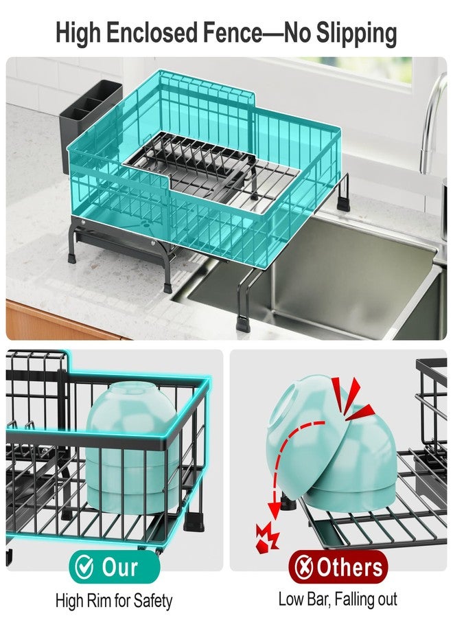 Swedecor Extendable Dish Drying Rack - Compact Dish Rack for Kitchen Counter, Over-The-Sink Dish Strainer with High Enclosed Fence, 360° Swivel Drain Spout, Rustproof, 10"-18.9" L × 15.6" W, Black - Image 4