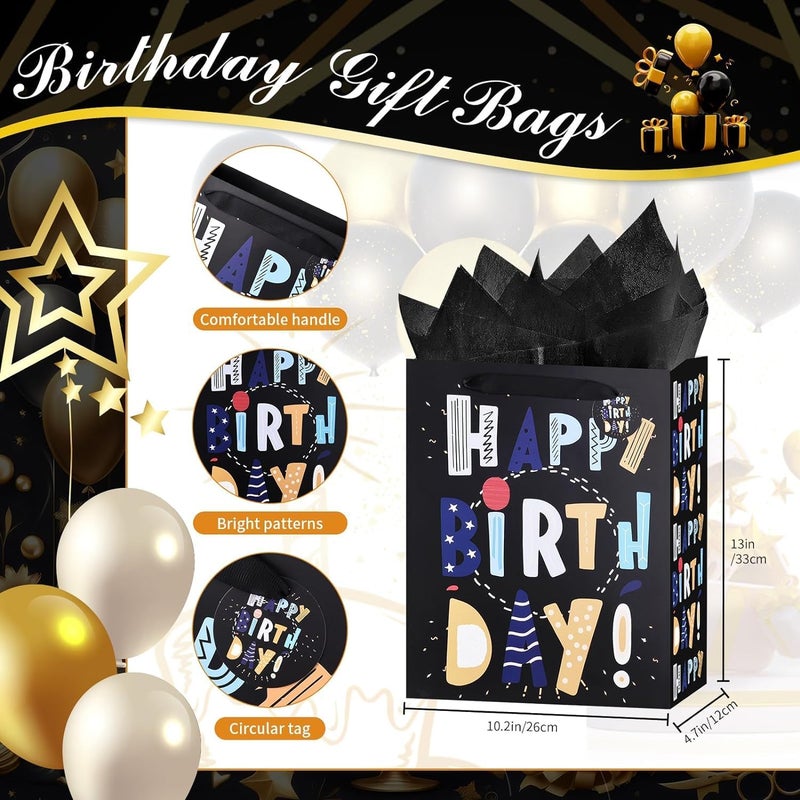 13" Black Happy Birthday Gift Bag with Tissue Paper and Greeting Card - Image 2