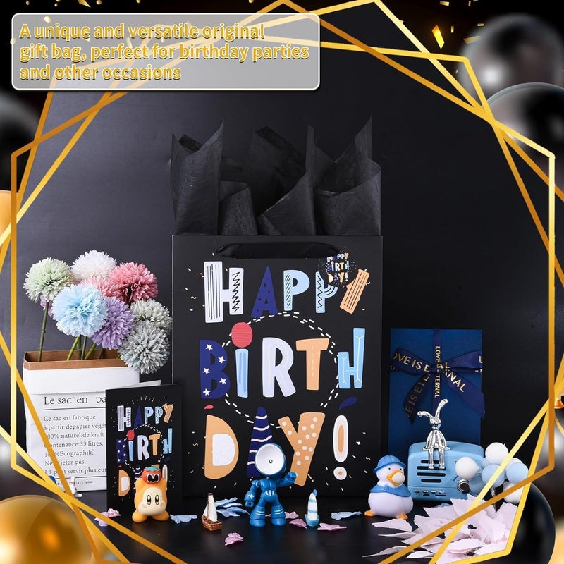 13" Black Happy Birthday Gift Bag with Tissue Paper and Greeting Card - Image 4