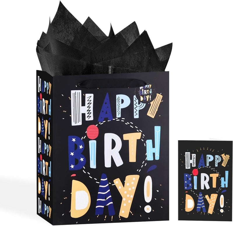 13" Black Happy Birthday Gift Bag with Tissue Paper and Greeting Card - Image 1