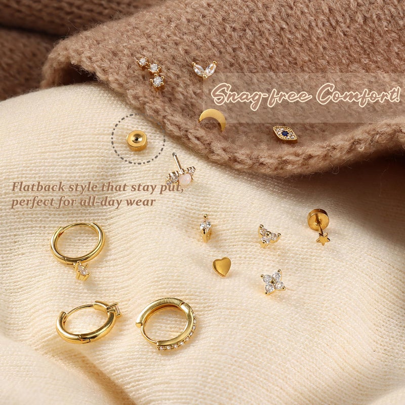Krfy 25Pcs Hypoallergenic Surgical Steel Earrings for Sensitive Ears 14K Gold Plated Flat Back Cartilage Earrings Women Men Clear CZ Screw Back Flatback Stud Hoop Earring Set for Multiple Piercing - Image 4