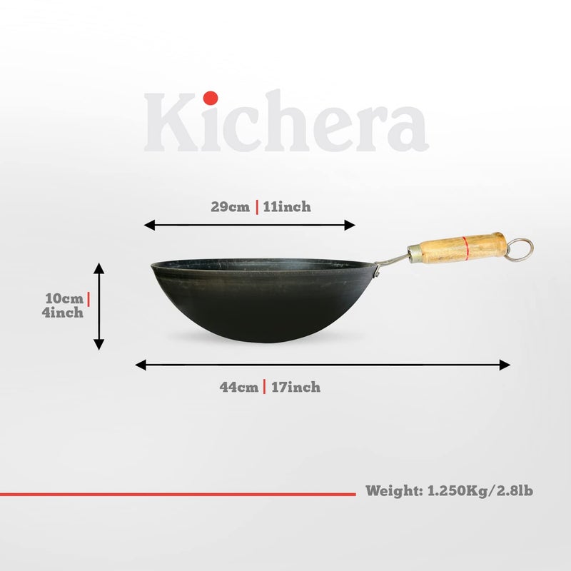 Kichera 11 Inch PreSeasoned Iron Wok with Wooden Handle Chinese Kadhai for Cooking Deep Frying Pure Iron Kadai Wok Fry Pan 29cm 31Ltr 12Kg Gas Compatible Round Base - Image 2