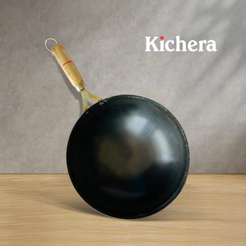 Kichera 11 Inch PreSeasoned Iron Wok with Wooden Handle Chinese Kadhai for Cooking Deep Frying Pure Iron Kadai Wok Fry Pan 29cm 31Ltr 12Kg Gas Compatible Round Base - Image 4