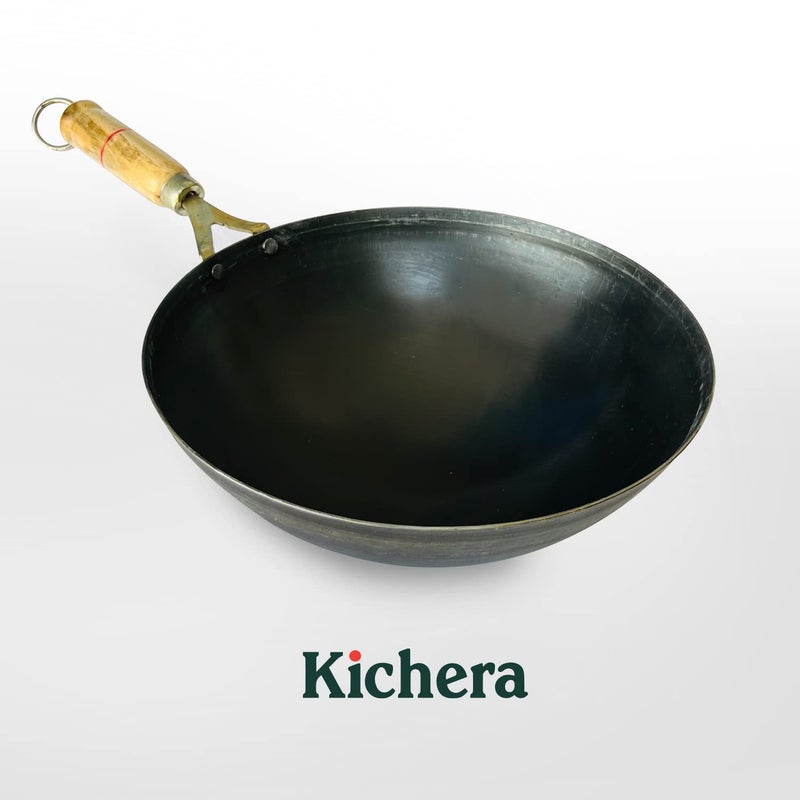 Kichera 11 Inch PreSeasoned Iron Wok with Wooden Handle Chinese Kadhai for Cooking Deep Frying Pure Iron Kadai Wok Fry Pan 29cm 31Ltr 12Kg Gas Compatible Round Base - Image 3